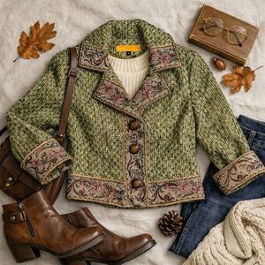 Cynthia Steffe Vintage Green Tweed Floral Tapestry Jacket Womens Size 8